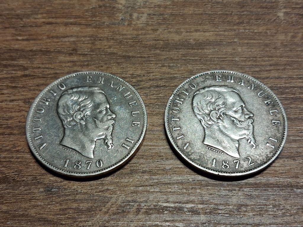 Italie 5 lires 1870 et 1872 en argent, Enlèvement ou Envoi, Italie, Monnaie en vrac, Argent