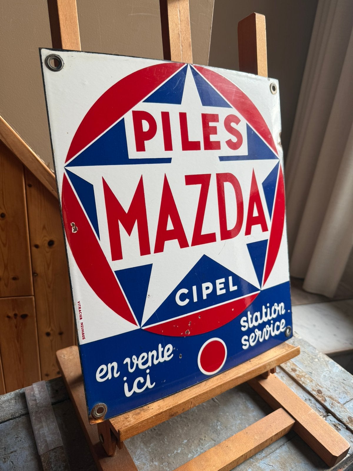 Piles Mazda emaille reclame bord Vitracier Neuhaus, Verzamelen, Ophalen, Gebruikt, Reclamebord