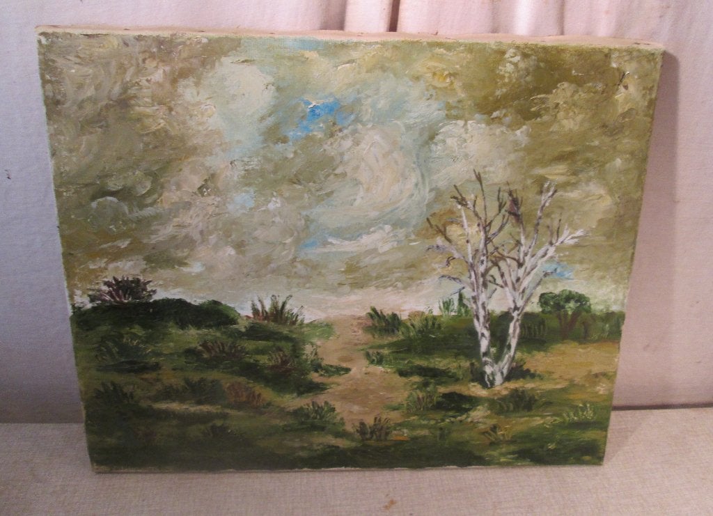 Mooi Oud Geschilderd Werk 'Pad en Boom' - 50x40, Doek, Ophalen of Verzenden, Landschap, Olieverf