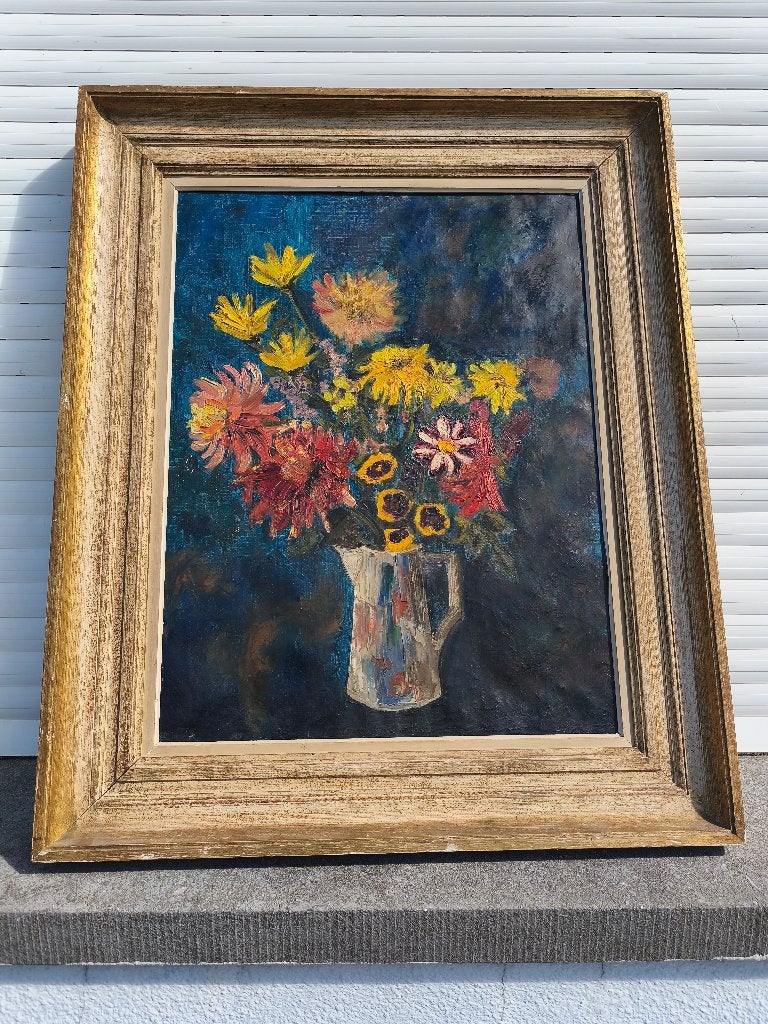 huile sur toile fleurs signe m henry, Enlèvement ou Envoi, Fleurs, Toile