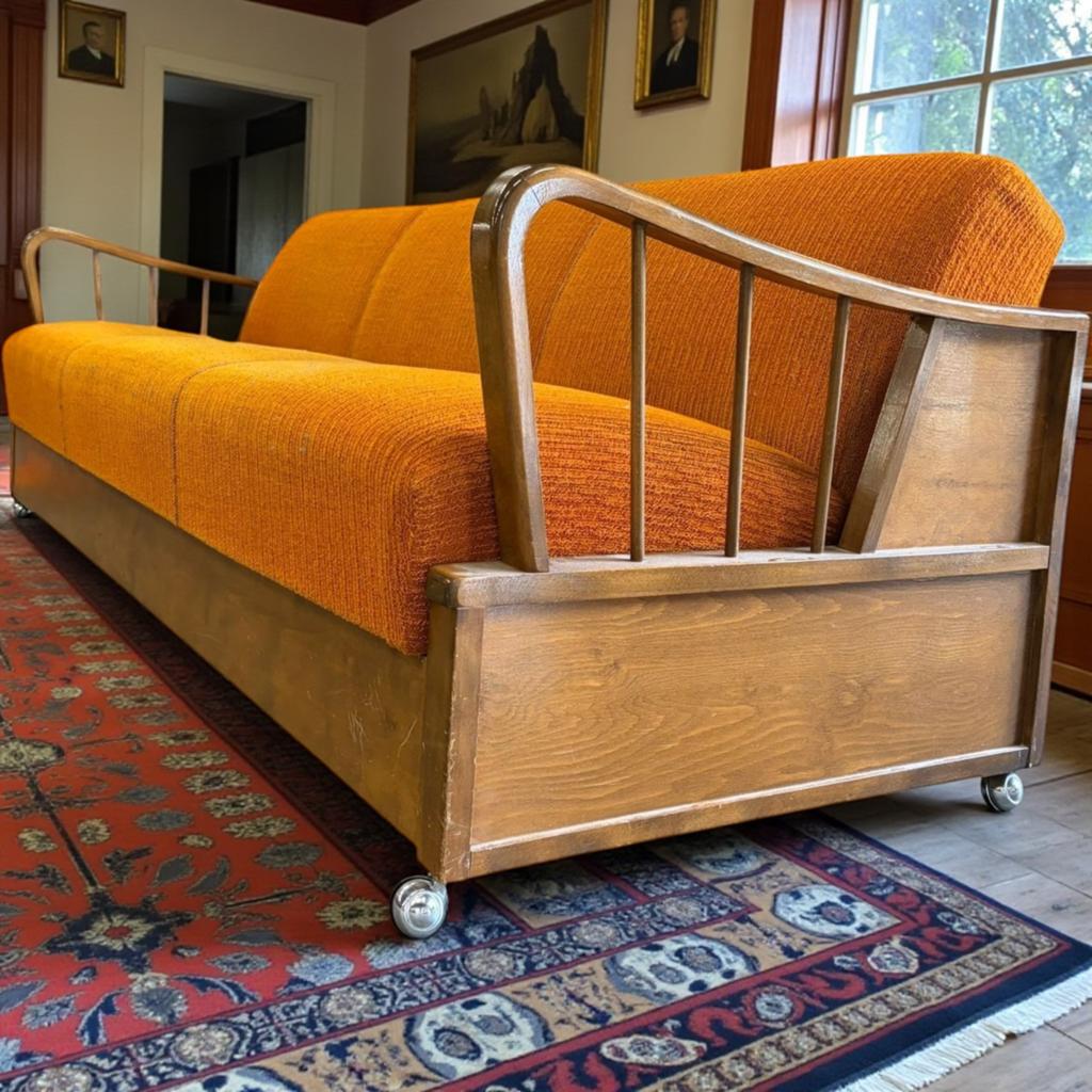Vintage houten oranje zetel / canapé / sofa, Verzenden, Gebruikt