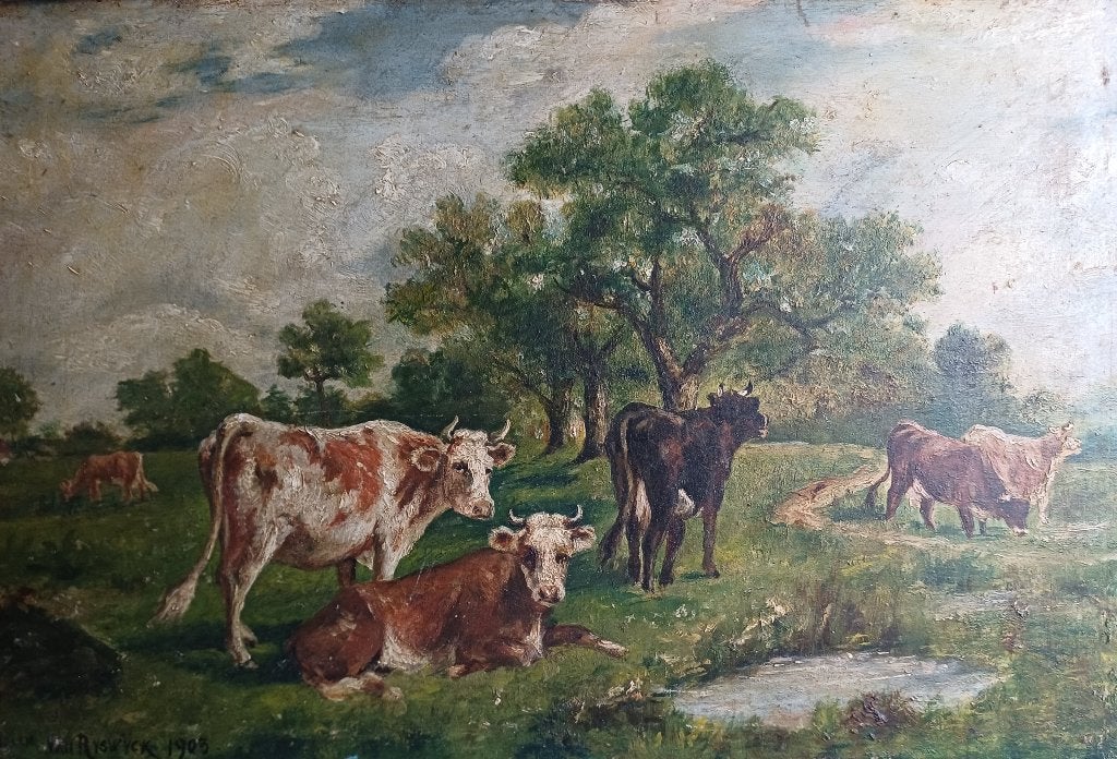 Antiek schilderij koeien, W. Van Rijswijck, 1903., Enlèvement, Signé, Peinture à l'huile, Panneau