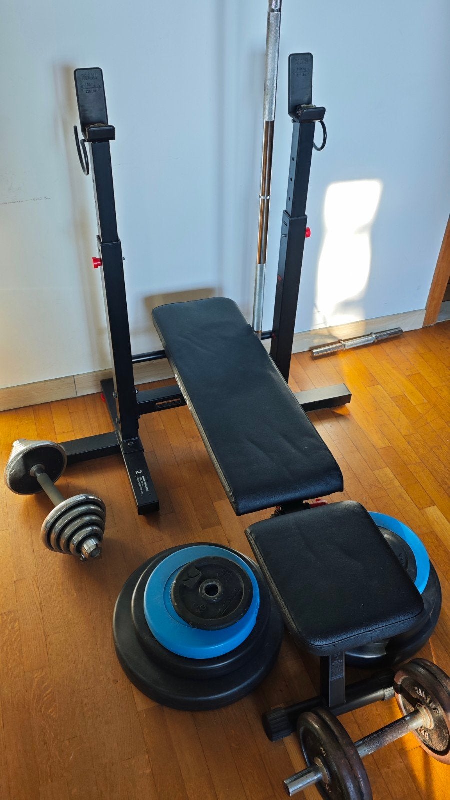 Halterbank verstelbaar + halterstang, Sport en Fitness, Ophalen, Gebruikt, Borst, Fitnessbank