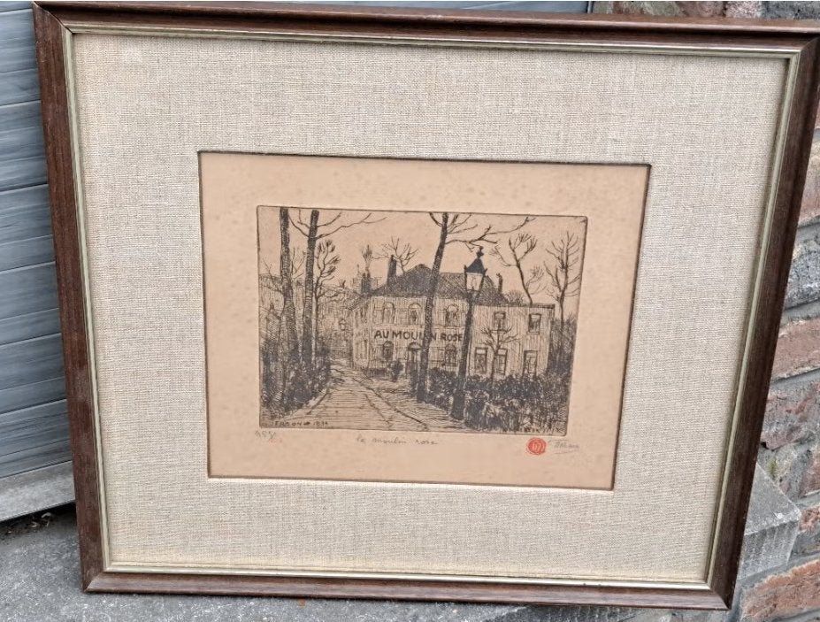 gravure moulin rose signe jehan frison, Antiquités & Art, Enlèvement ou Envoi, Portrait, Gravure