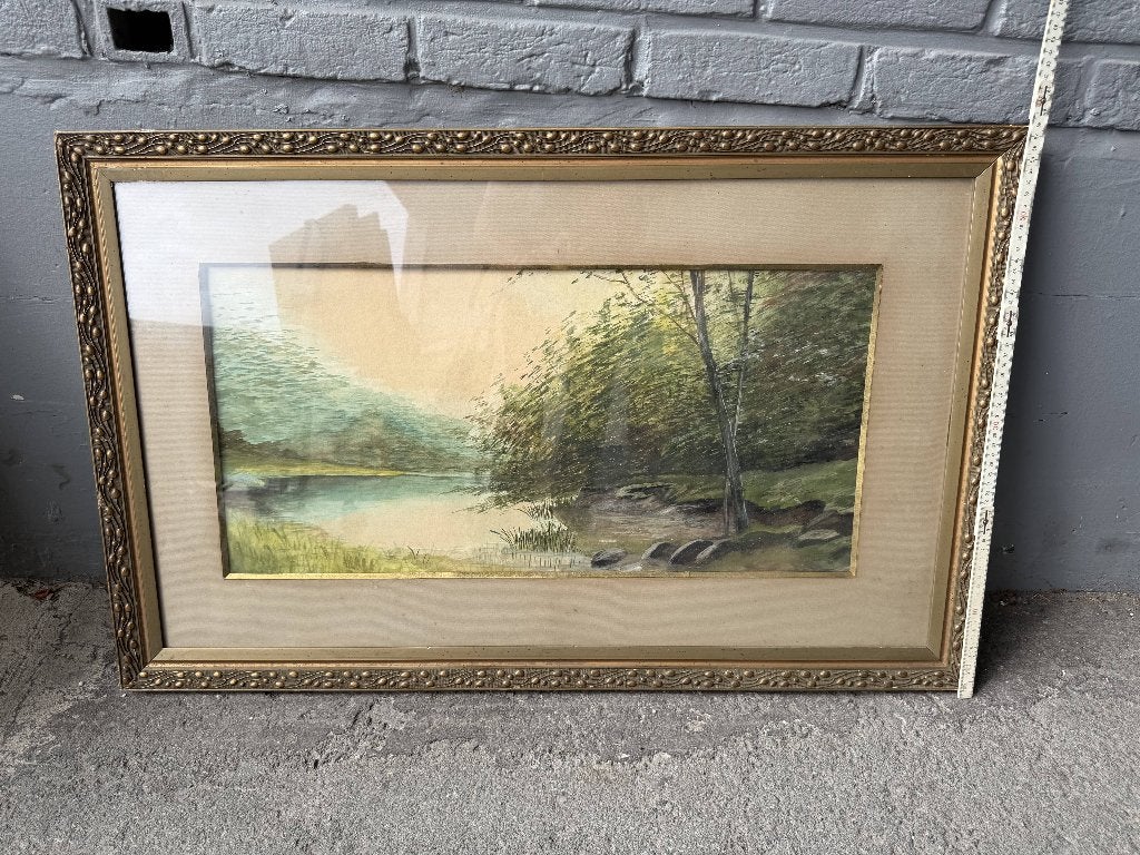 Aquarelle ancienne paysage lacustre sous-bois – cadre doré
