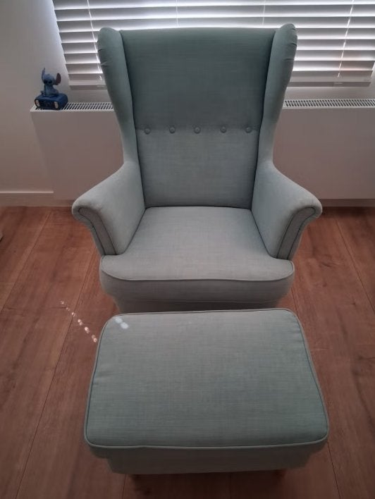 Ikea Strandmon fauteuil met poef, landelijk!, Ophalen, Gebruikt, 75 tot 100 cm, Landelijk