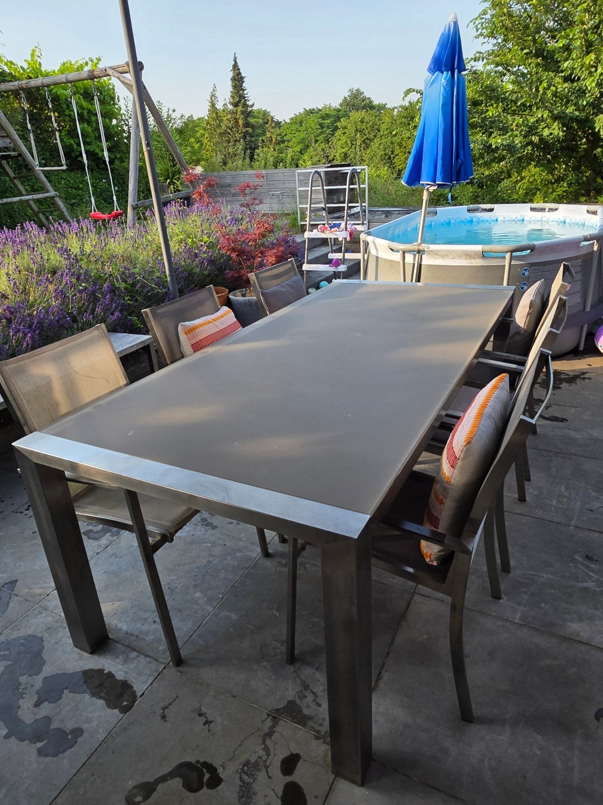 Terrastafel met 6 stoelen, inox met glas., Enlèvement