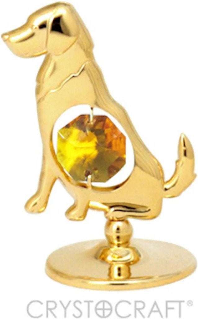 Chien plaqué or 24 carats avec cristal BOHEMIA transparent, Neuf, Métal, Autres styles, Doré