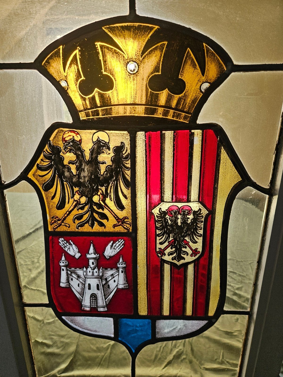 Antiek Glas-in-Lood Raam Wapen Provincie Antwerpen 37x71cm, Ophalen