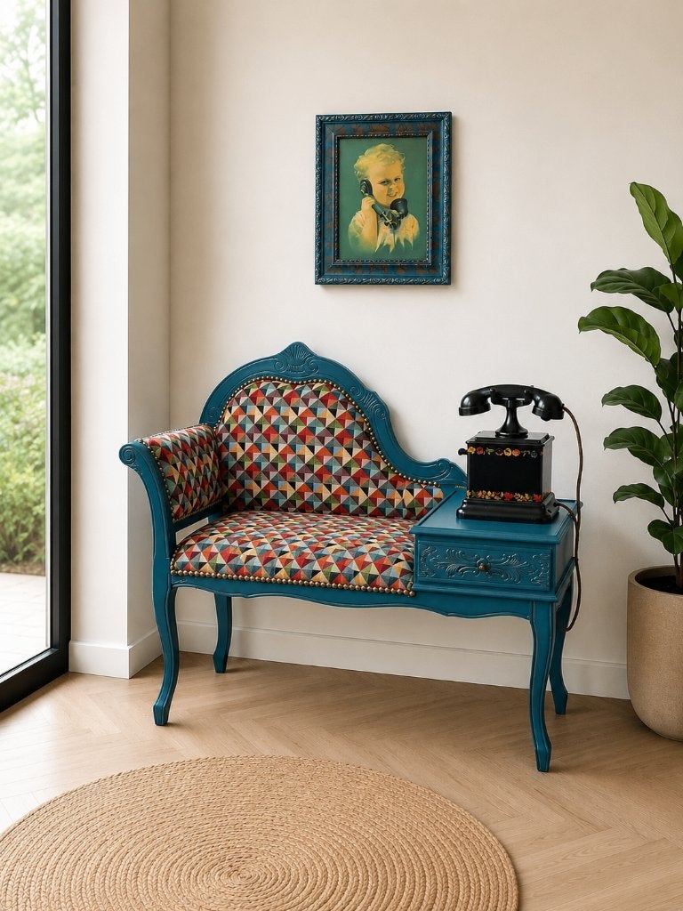 Uniek vintage telefoonbankje, Huis en Inrichting, Fauteuils, Zo goed als nieuw, Hout, Stof, Ophalen of Verzenden