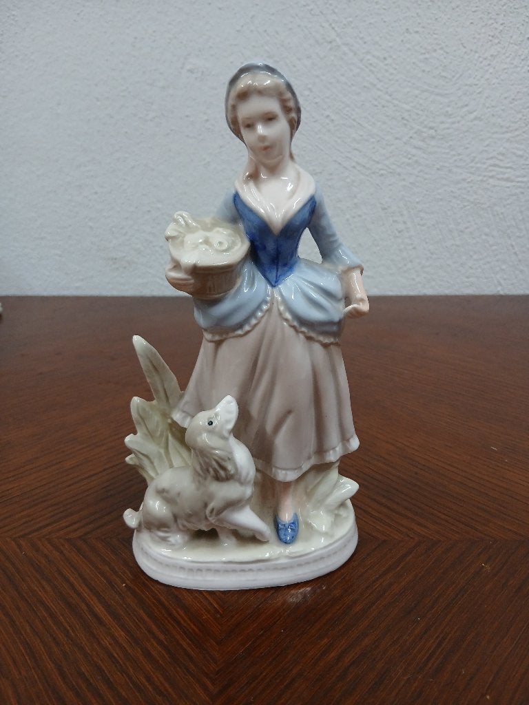 Vintage porseleinen beeldje – Romantische dame met hond, Enlèvement ou Envoi, Comme neuf, Humain