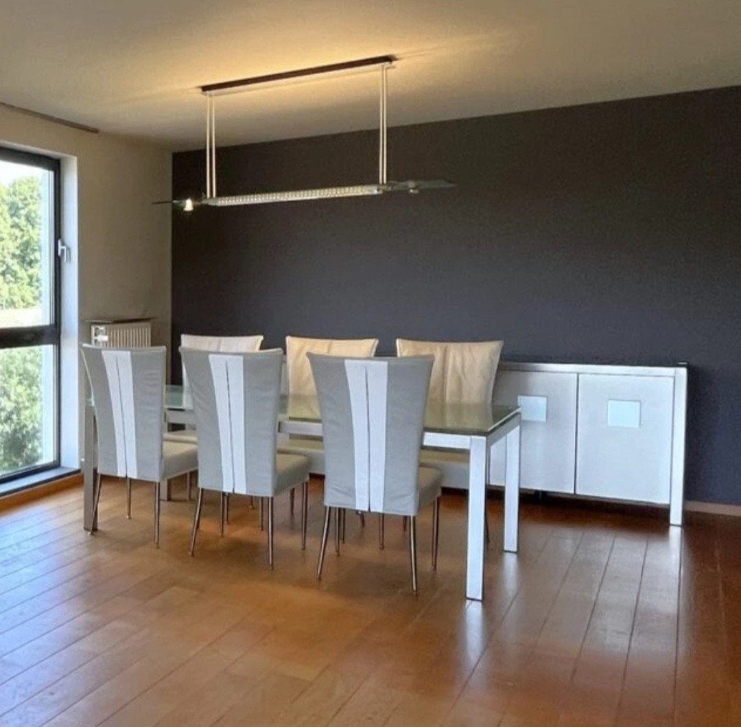 Inox dressoir, barkast en tafel met 6 lederen stoelen, Ophalen