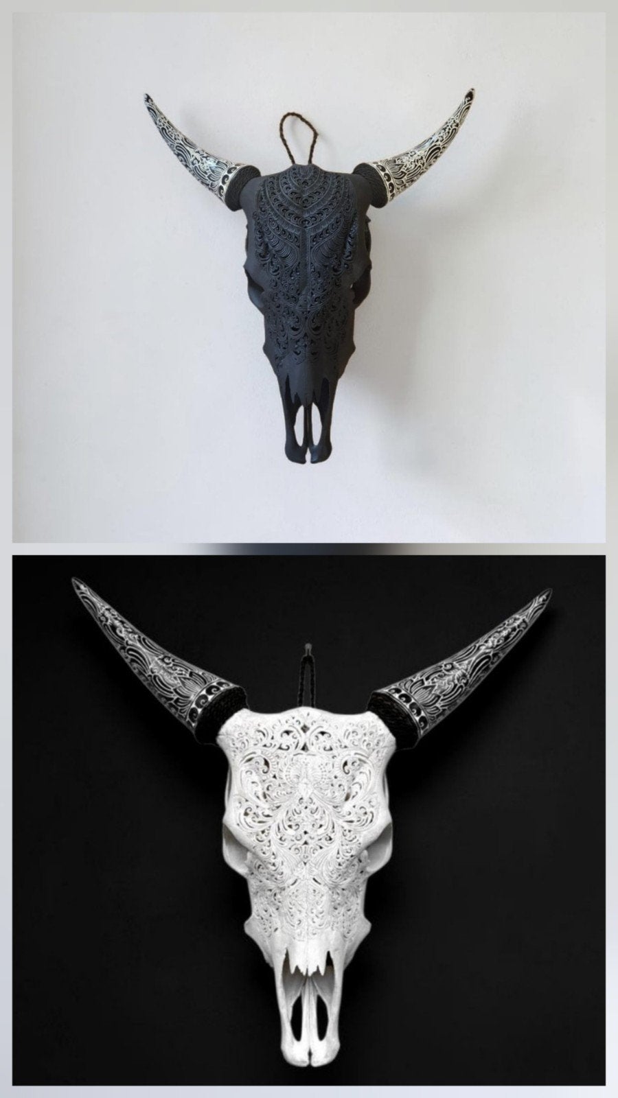 2 magnifiques crânes de vache blancs et noirs, Indonésie, Enlèvement ou Envoi