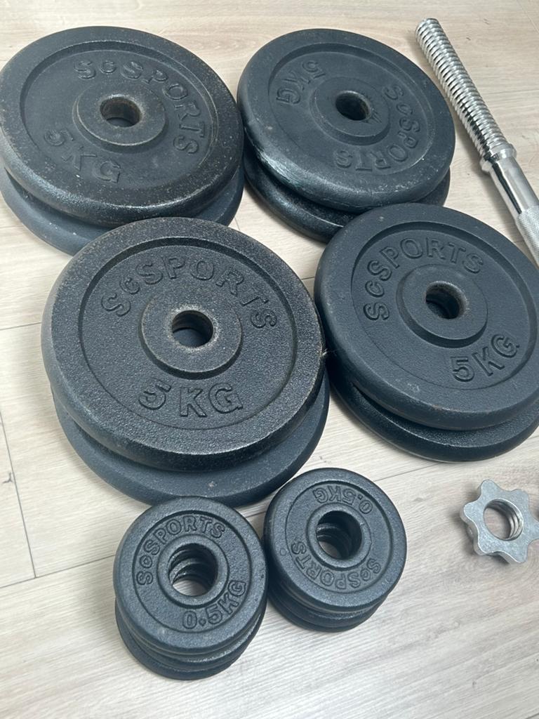 Halterstang 6kg + 44kg gewichten, Sport en Fitness, Fitnessmaterialen, Ophalen, Gebruikt, Halterschijven