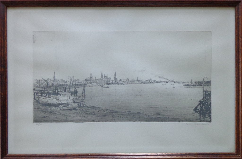 ROMAIN MALFLIET / ANTWERPEN / ZW-W ETS / 34x51cm / KADER, Enlèvement ou Envoi, Paysage, Eau-forte, Numéroté
