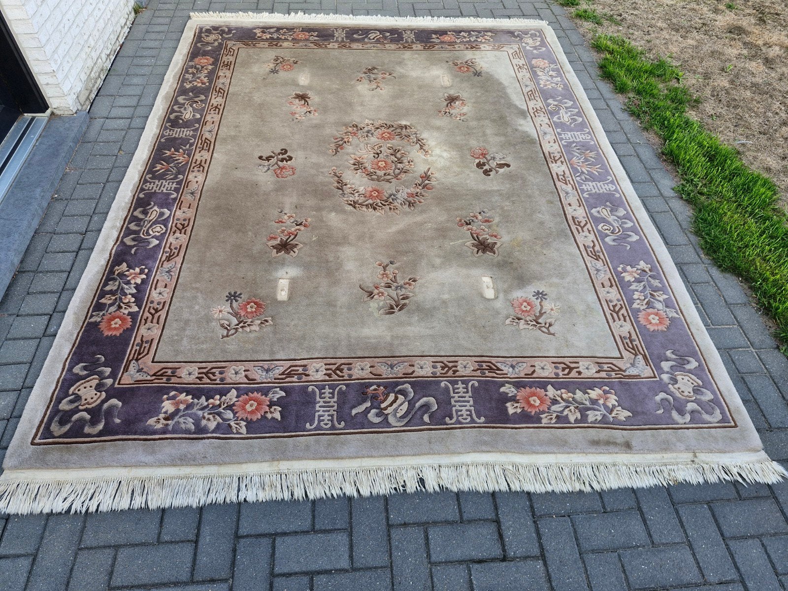 handgeknoopt Chinees art deco tapijt 330x242, Huis en Inrichting, Ophalen, Beige