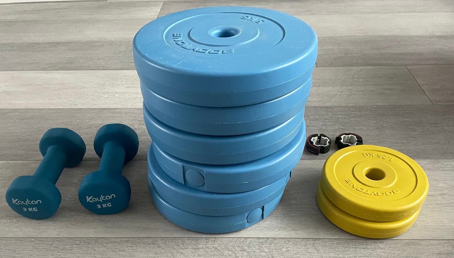 set gewichten: dumbbells, halterschijven en 2 clips, Ophalen, Zo goed als nieuw, Halterschijven