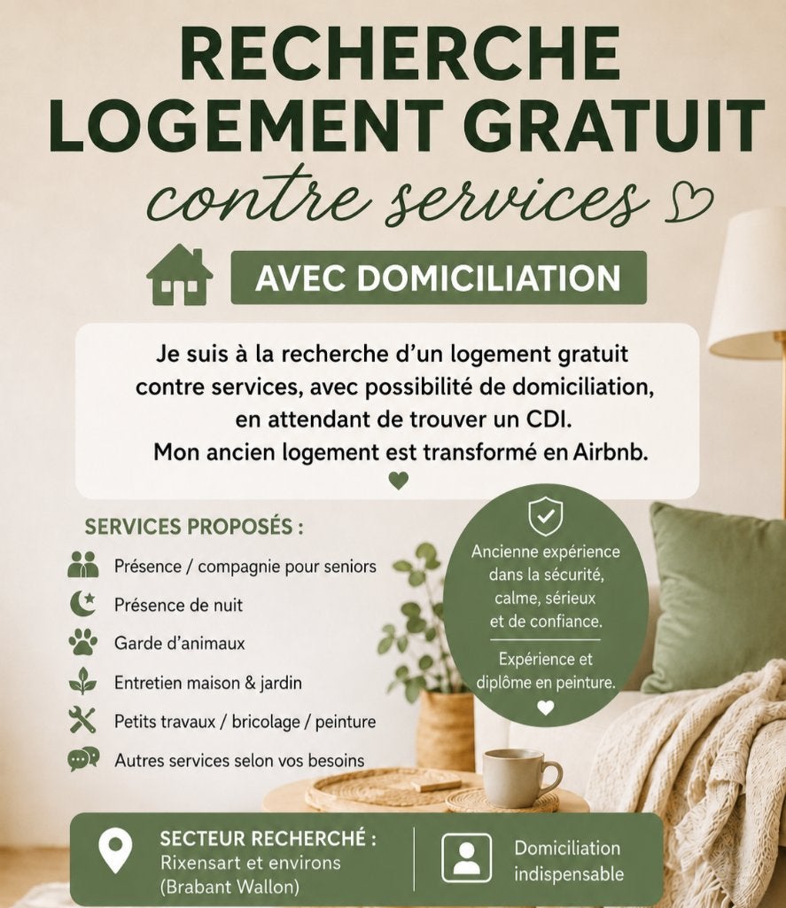 Recherche logement contre services, Diversen, Overige Diversen, Ophalen of Verzenden