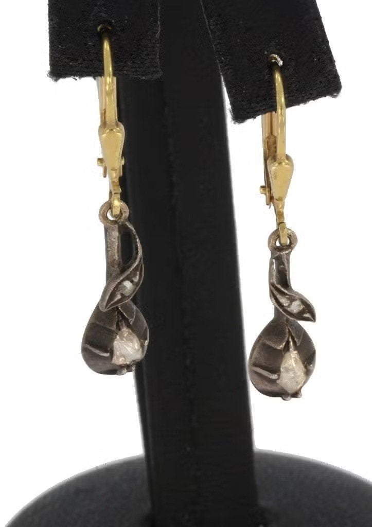 Diamant antiek set 14k gouden oorbellen fraai dames zilver, Ophalen of Verzenden, Zilver, Oorbellen, Met edelsteen