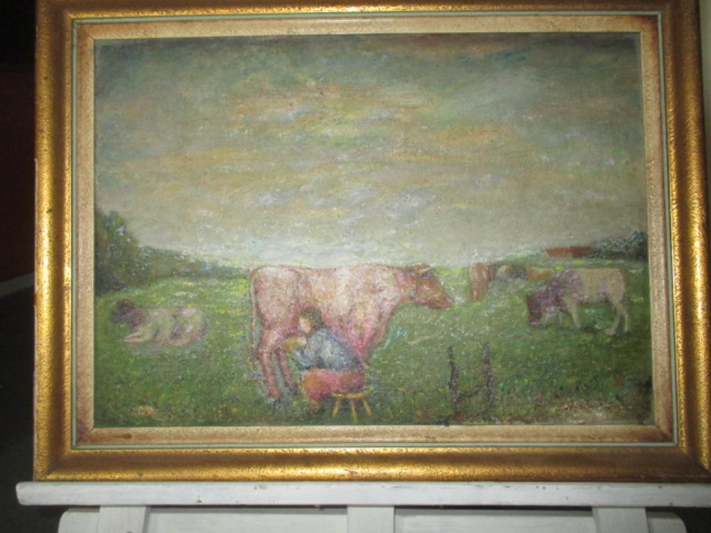 Schilderij "Boerin melkt koeien", Antiek en Kunst, Ophalen of Verzenden