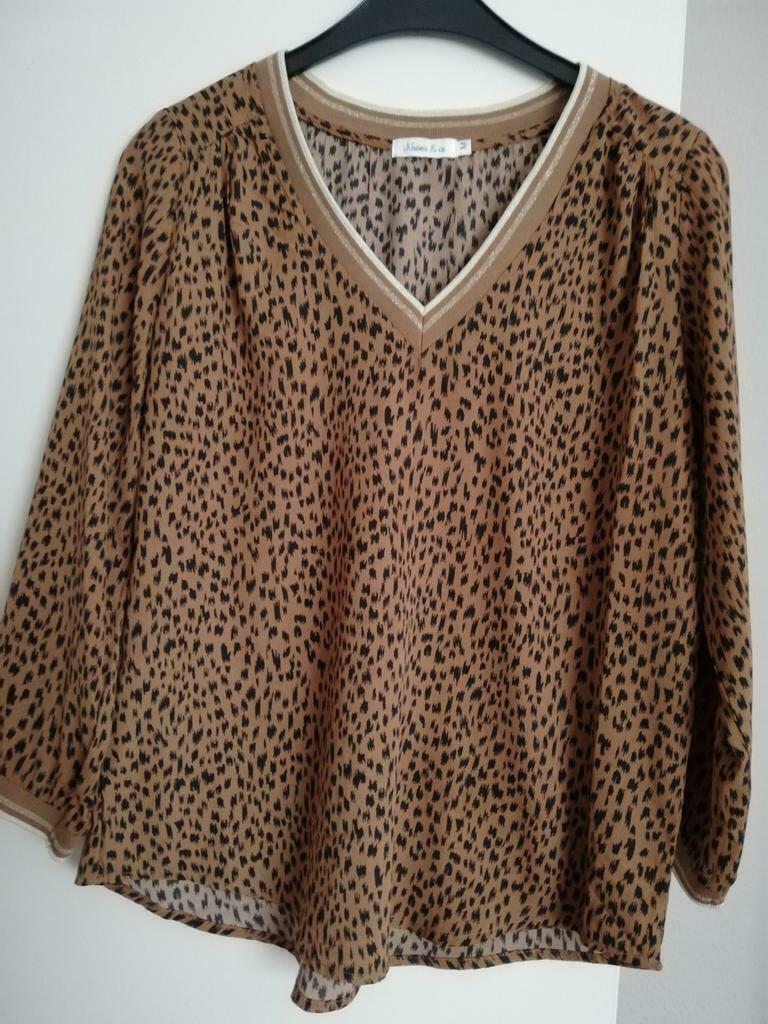 Blouse tunique camel moucheté noir col V manches 3/4, Enlèvement ou Envoi, Comme neuf, Noir