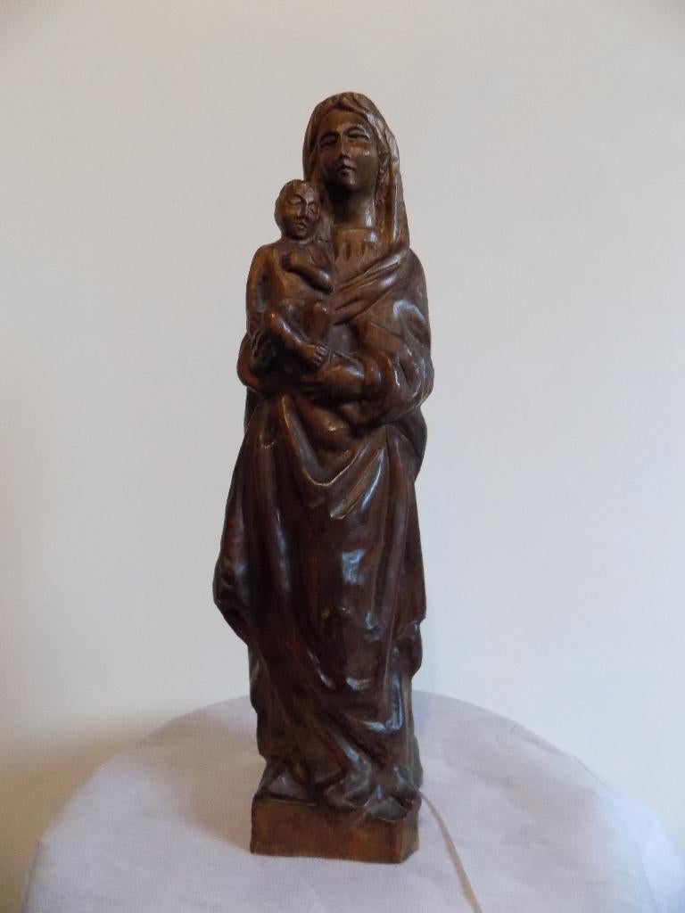 Massief houten beeld OLV en kindje, Antiek en Kunst, Ophalen of Verzenden