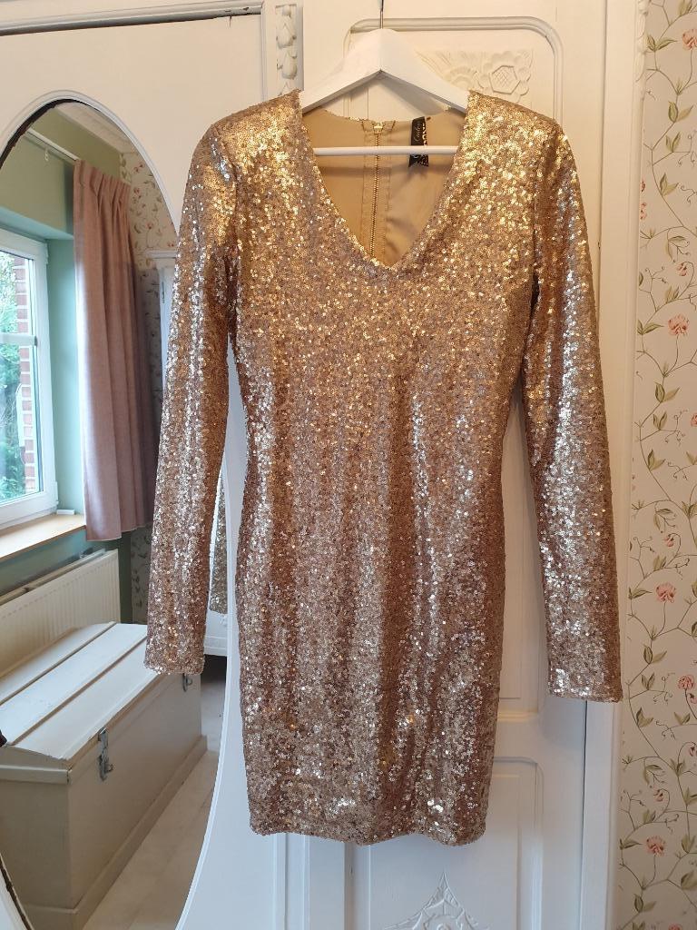 Feestjurk gedecolteerd met gouden pailletten Small, Verzenden