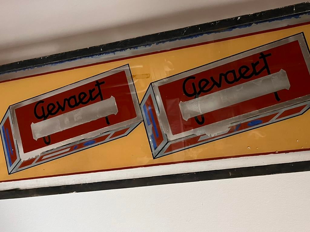 Vintage publiciteit uithangbord Gevaert verf op glas, Ophalen