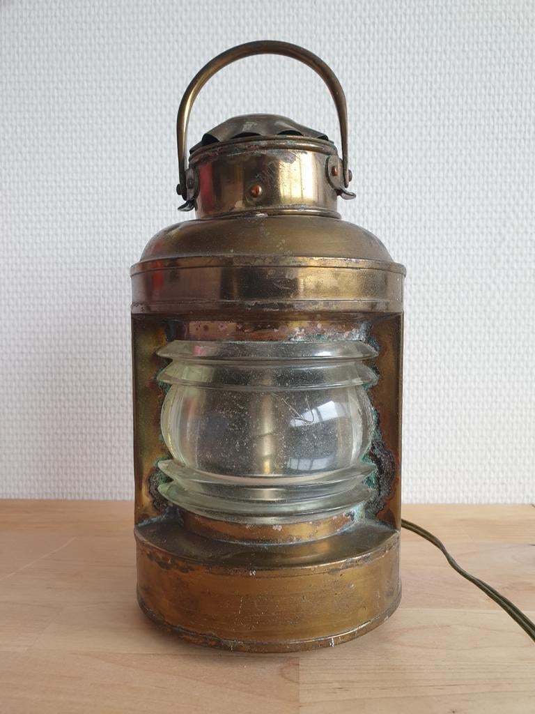Authentieke scheepslamp brons 27cm hoog, opgepoetst, Verzamelen, Scheepvaart, Ophalen, Gebruikt