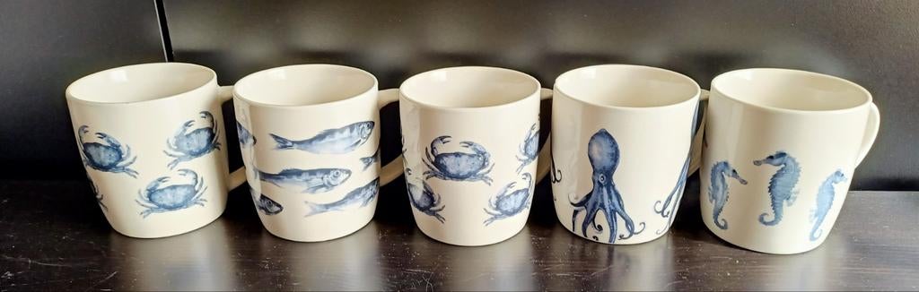 Ensemble de 5 tasses à seiche, hareng, hippocampe et crabe, Enlèvement ou Envoi, Comme neuf, Tasse(s) et/ou soucoupe(s)