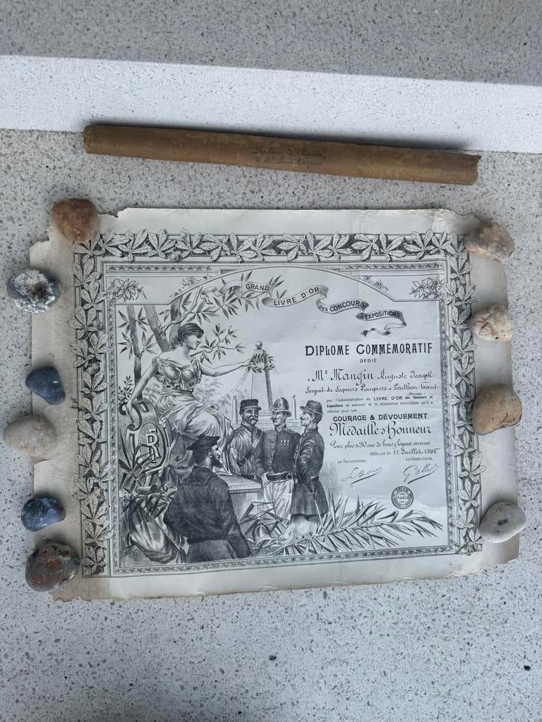 Diploma brandweer 1905- wo1 met koker zeldzaam, Verzamelen, Ophalen of Verzenden