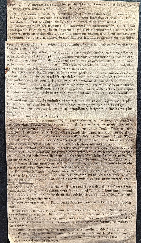 Zeer oud knipsel m.b.t. AUTOSUGGESTION, Verzamelen, Tijdschriften, Kranten en Knipsels, Ophalen