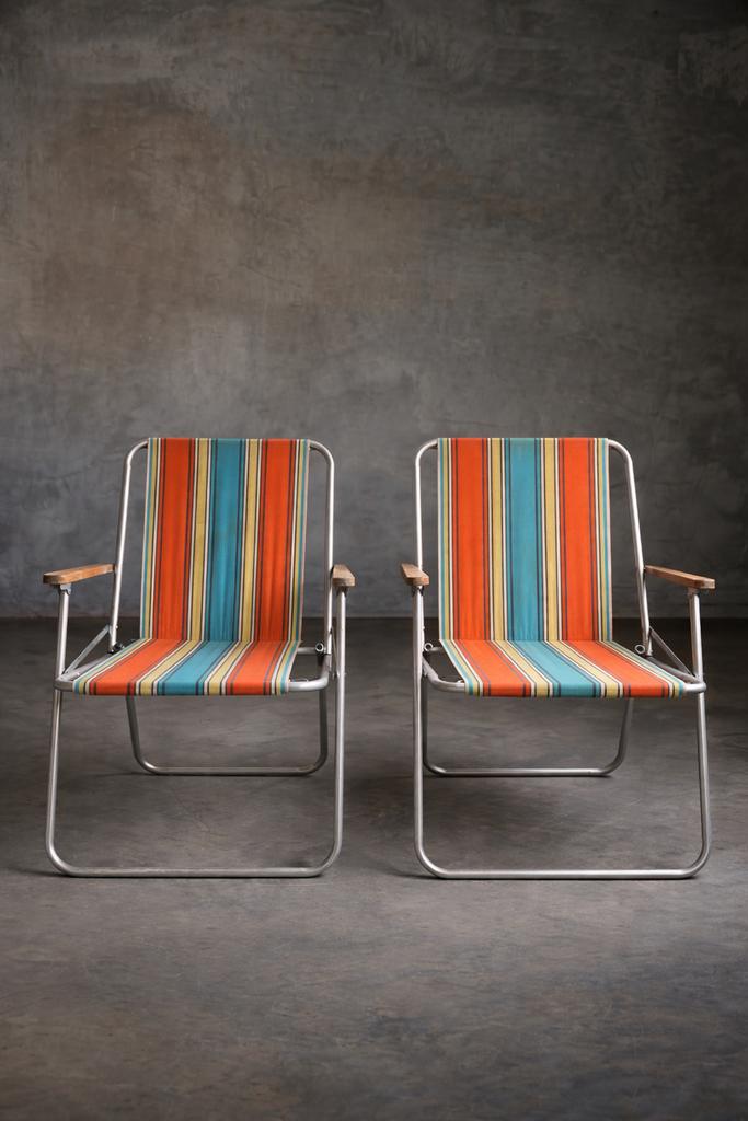 Retro tuinstoelen met strepen, Huis en Inrichting, Ophalen, Kunststof, Gebruikt, Twee