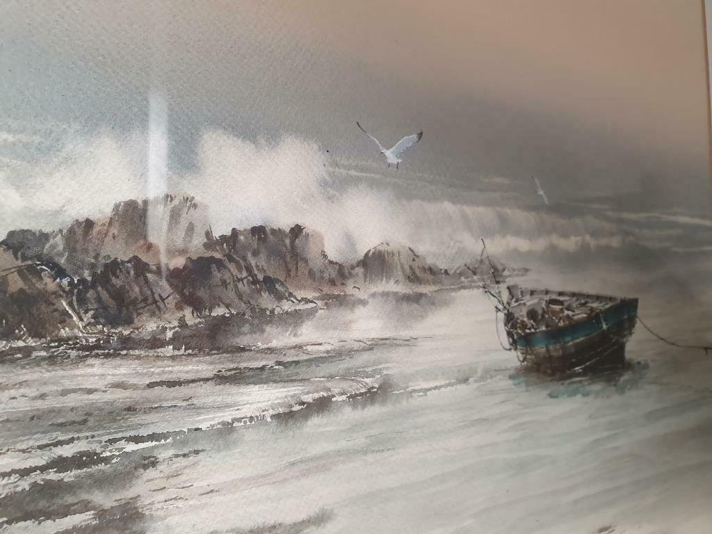 Schilderij zeezicht aquarel Thanomsak Sakhakorn gesigneerd, Antiek en Kunst, Ophalen of Verzenden