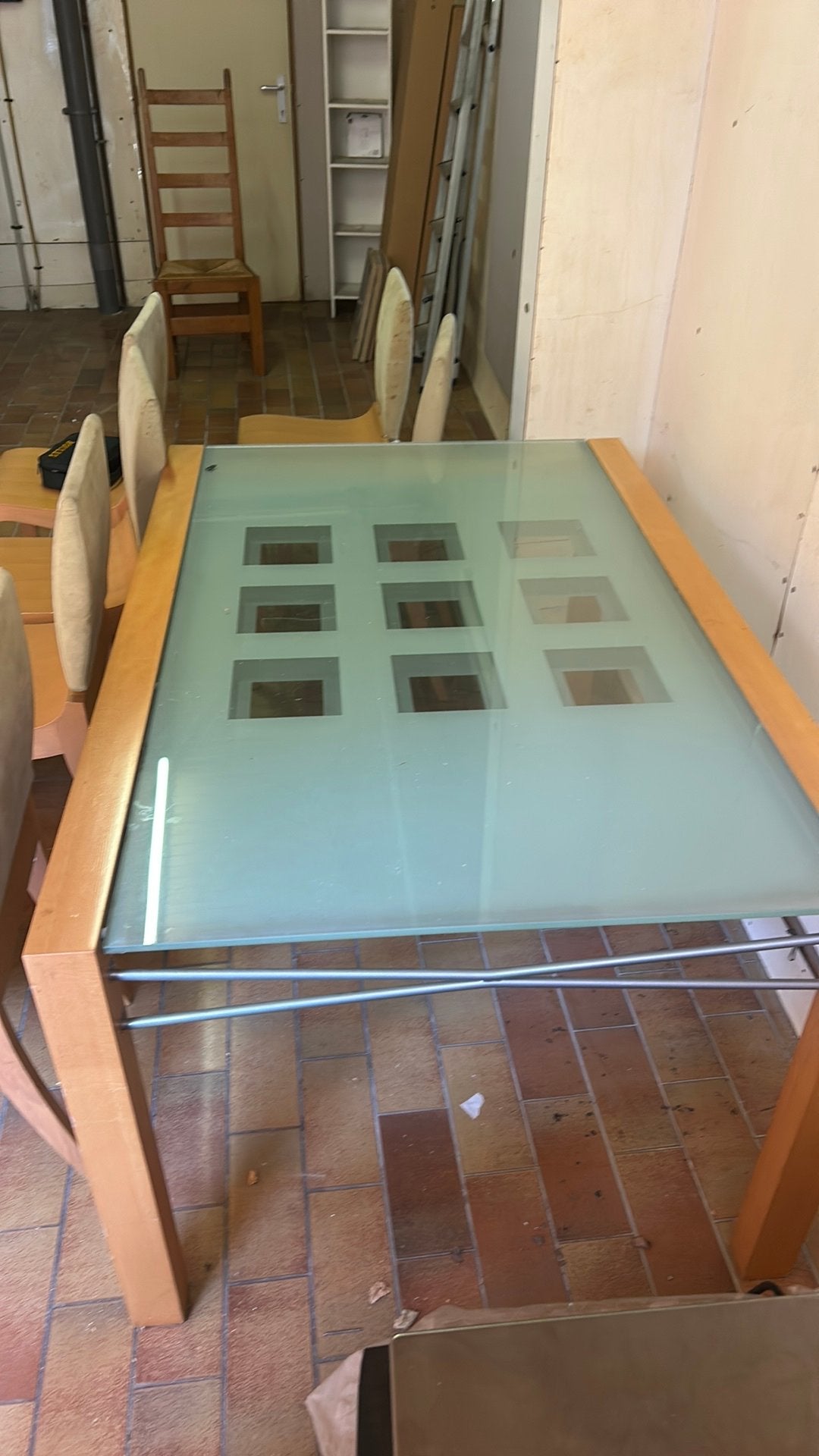 Design eettafel met 6 stoelen, Huis en Inrichting, Ophalen, 100 tot 150 cm, Glas, Design