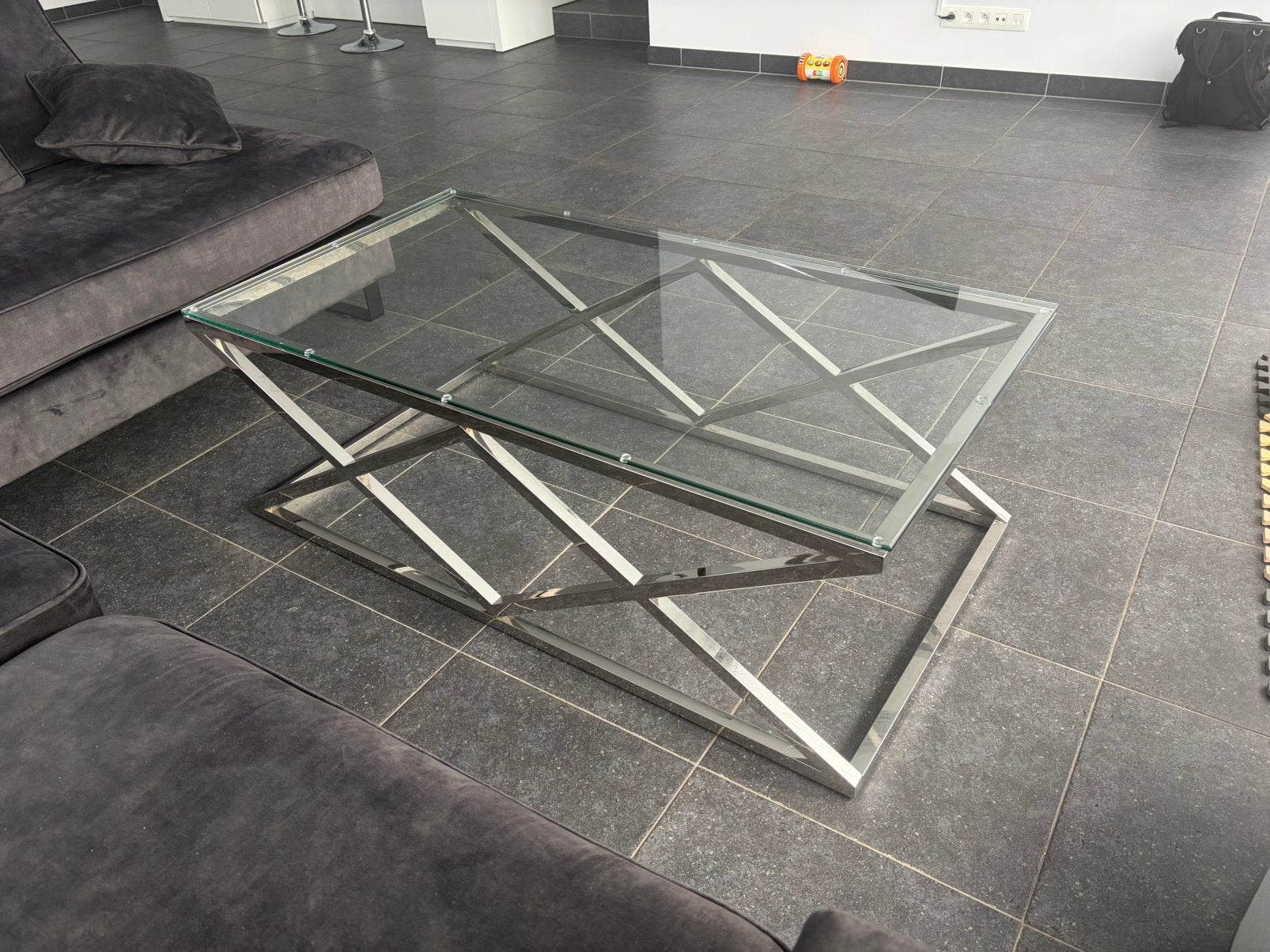 Moderne glazen salontafel 140 x 70 cm – RVS/chroom onderstel, Huis en Inrichting, Tafels | Salontafels, Ophalen, Zo goed als nieuw