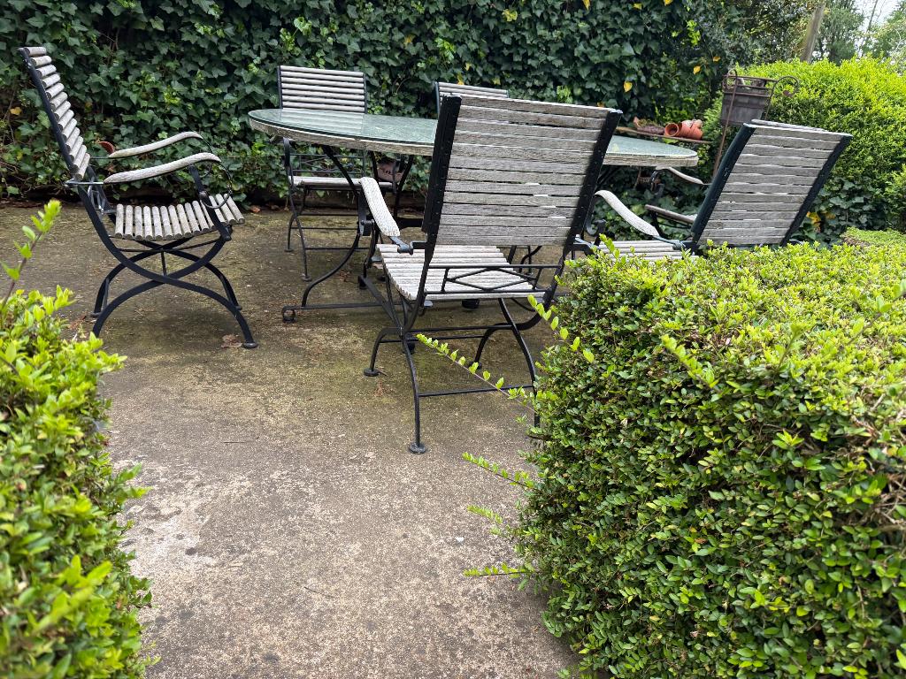 Unieke tuinset 6 stoelen, Tuin en Terras, Ophalen, Gebruikt, 6 zitplaatsen, Teakhout