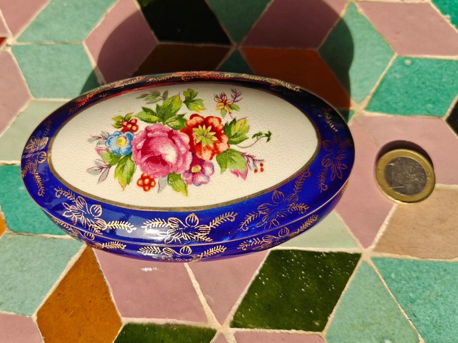 Sieradendoosje Oftriart, blauw en goud met bloemenmotief, Antiek en Kunst, Ophalen of Verzenden