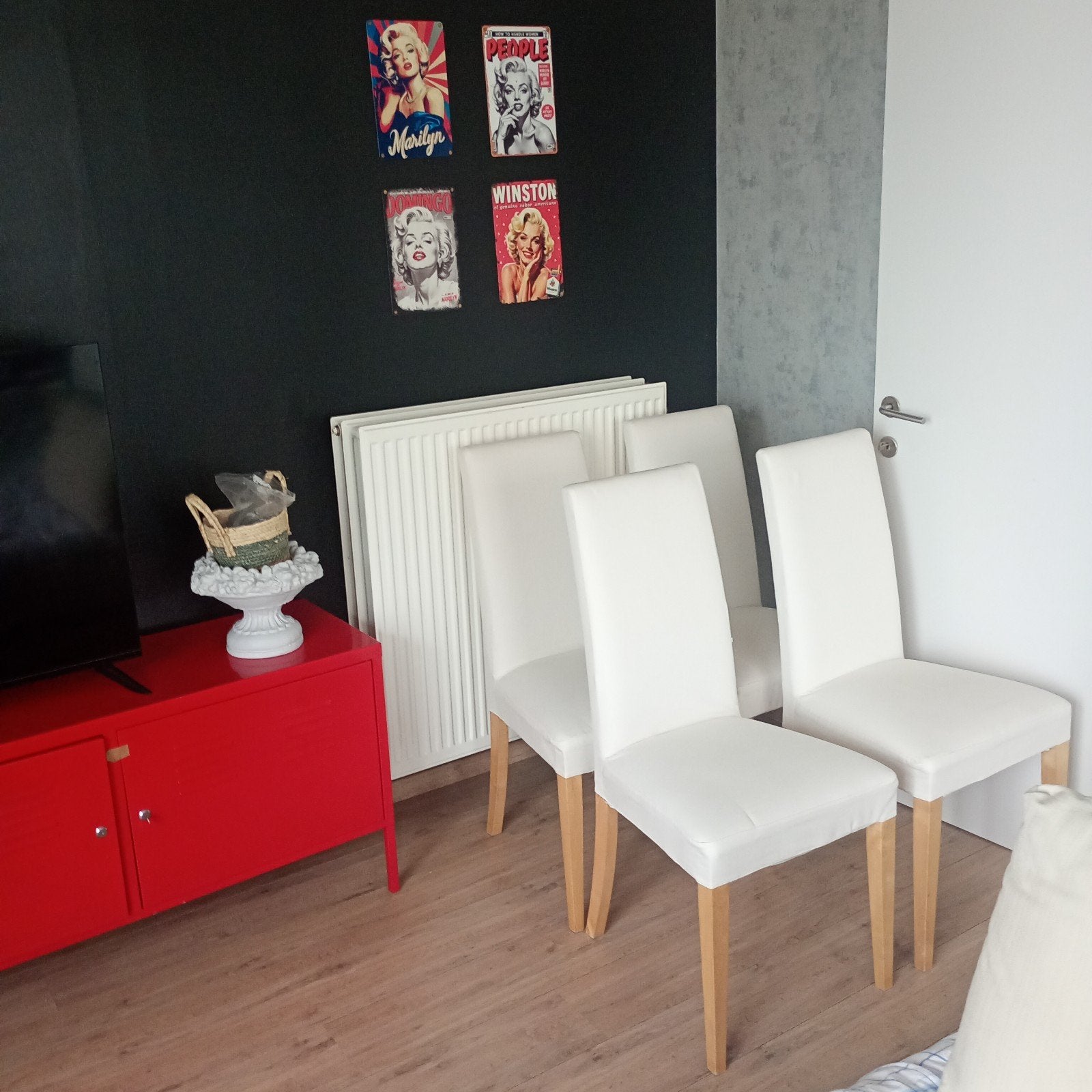 4 stoelen met afneem/wasbare beige stoffen hoes, samen 55€, Huis en Inrichting, Ophalen