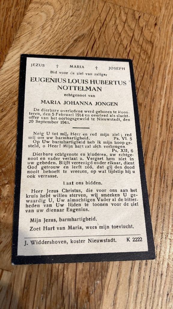 Oorlogsslachtoffer, 1941, Roosteren, Nieuwstadt, Verzenden, Bidprentje