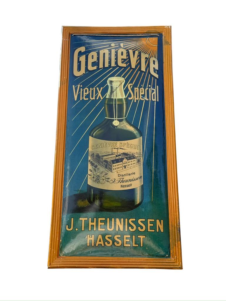 Blikken reclamebord J. Theunissen Hasselt Jenever, Verzamelen, Ophalen of Verzenden, Zo goed als nieuw, Reclamebord