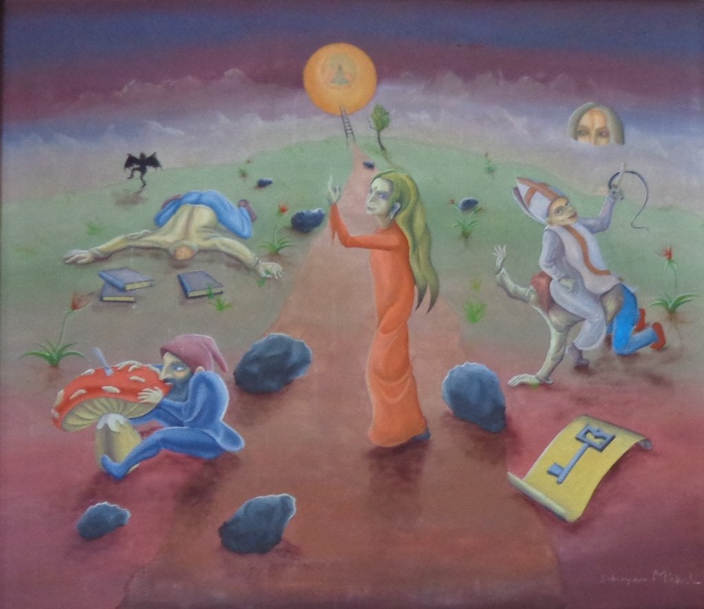 JOHNNY MICHEL / FANTASIEWERELD / OLIEVERF / 75x85cm / KADER, Antiquités & Art, Peinture à l'huile, Signé, Figures, Autres matériaux