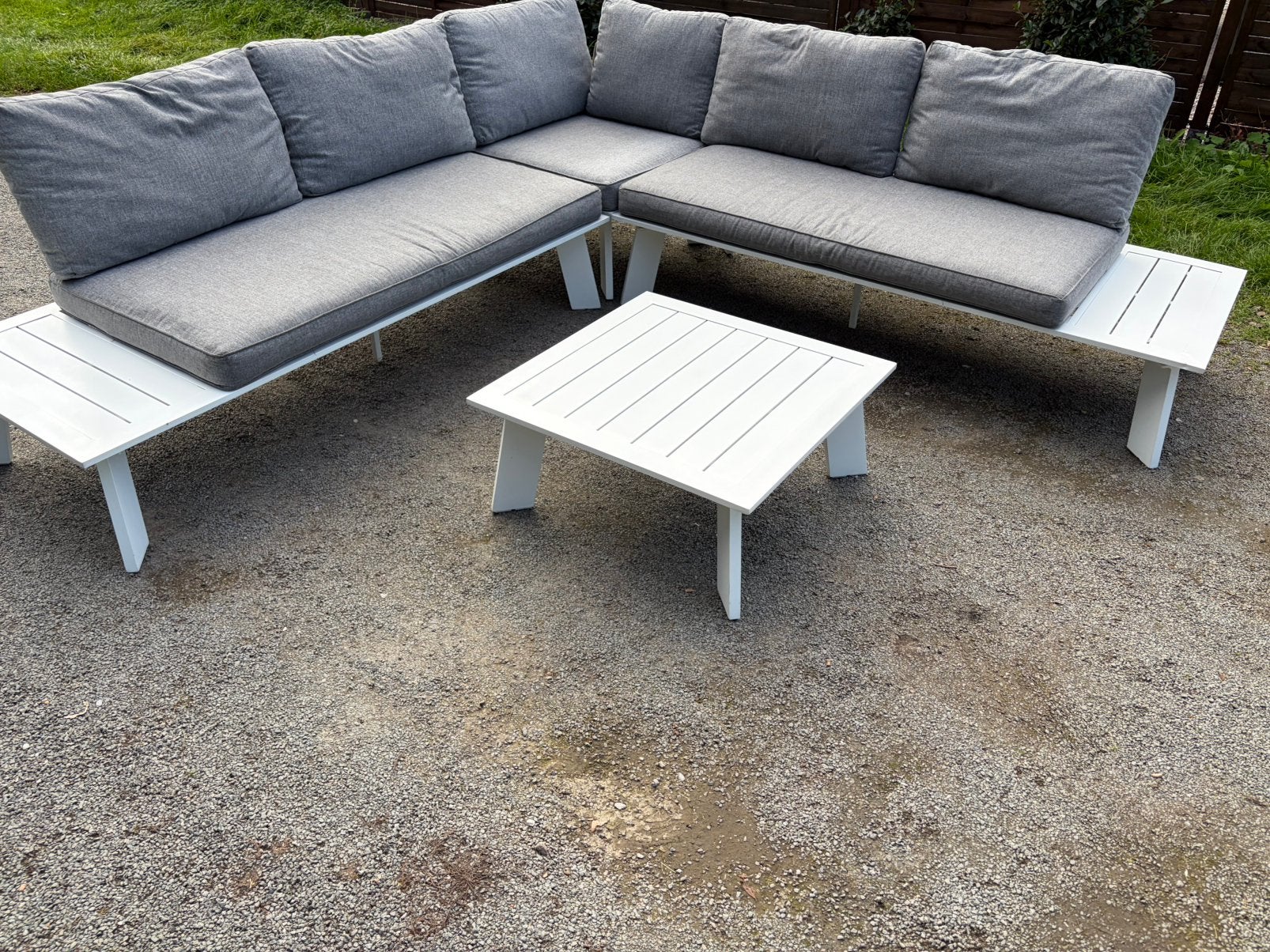 Loungeset aluminium wit met bijhorende kussens en tafel, Enlèvement, Comme neuf, Aluminium, Sets de jardin