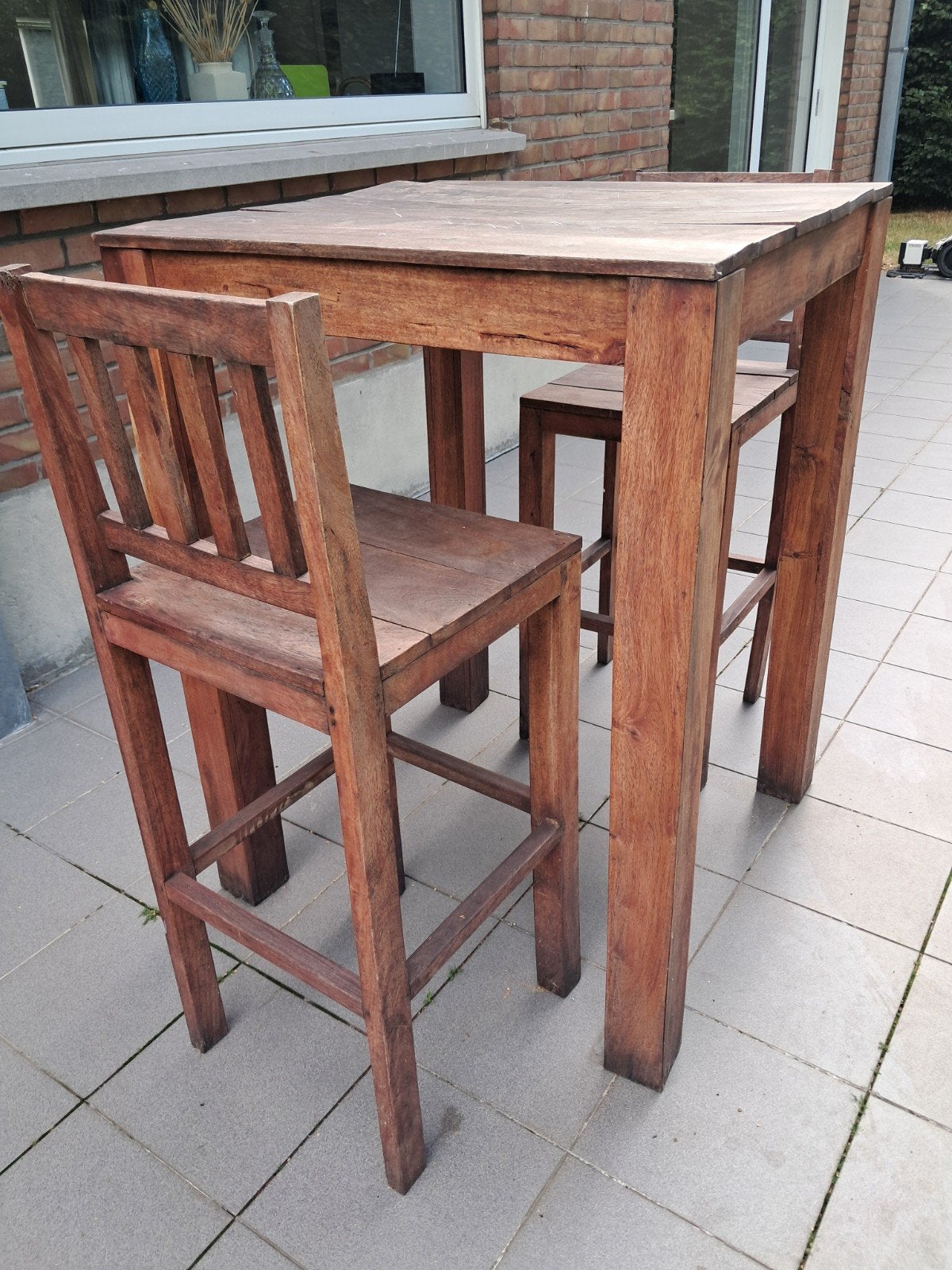 Table haute en teck avec 2 chaises, Jardin & Terrasse, Enlèvement
