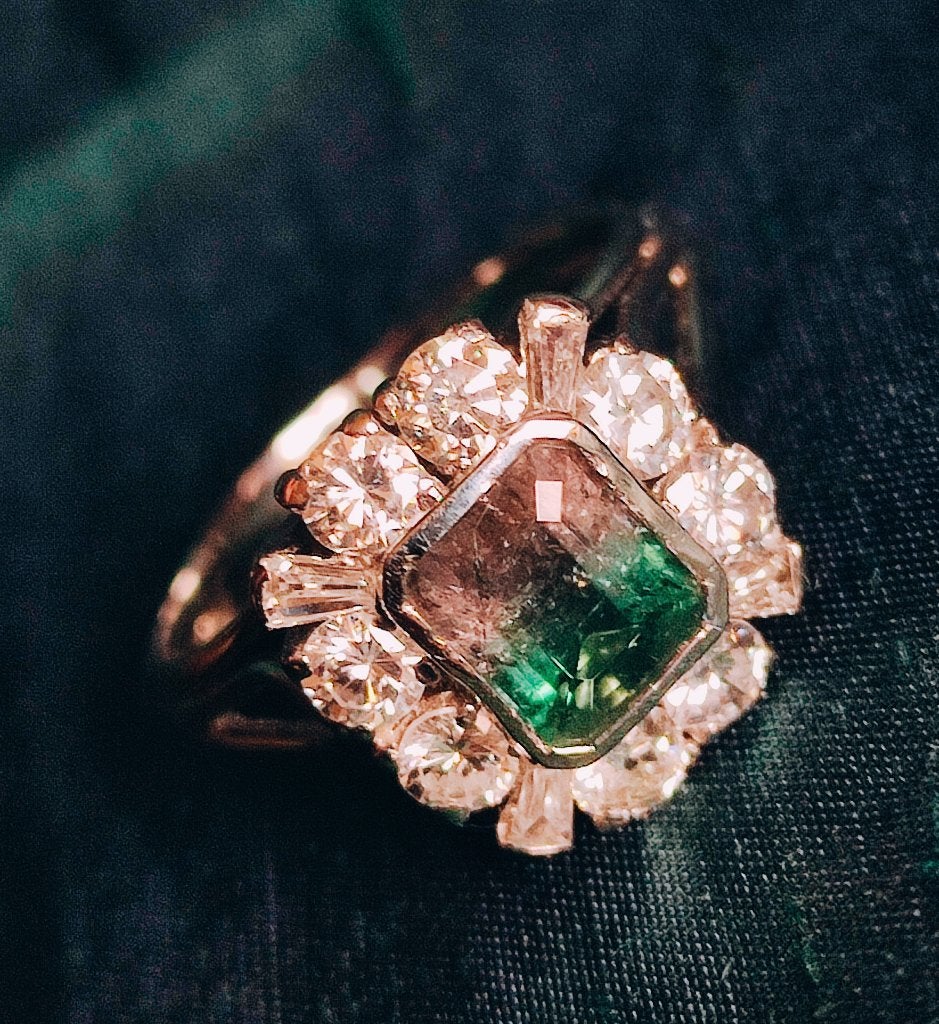 Platinum ring met Bi-color toermalijn en diamanten, Bijoux, Sacs & Beauté, Bagues, Enlèvement ou Envoi, Comme neuf, Vert, Femme
