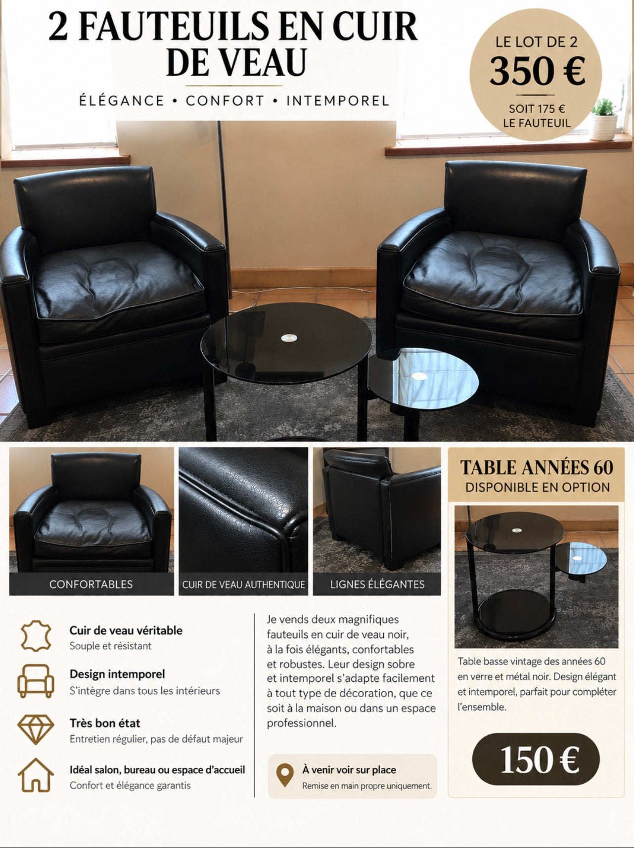 2 fauteuils en cuir de veau, Intemporel, Comme neuf, Enlèvement, 50 à 75 cm
