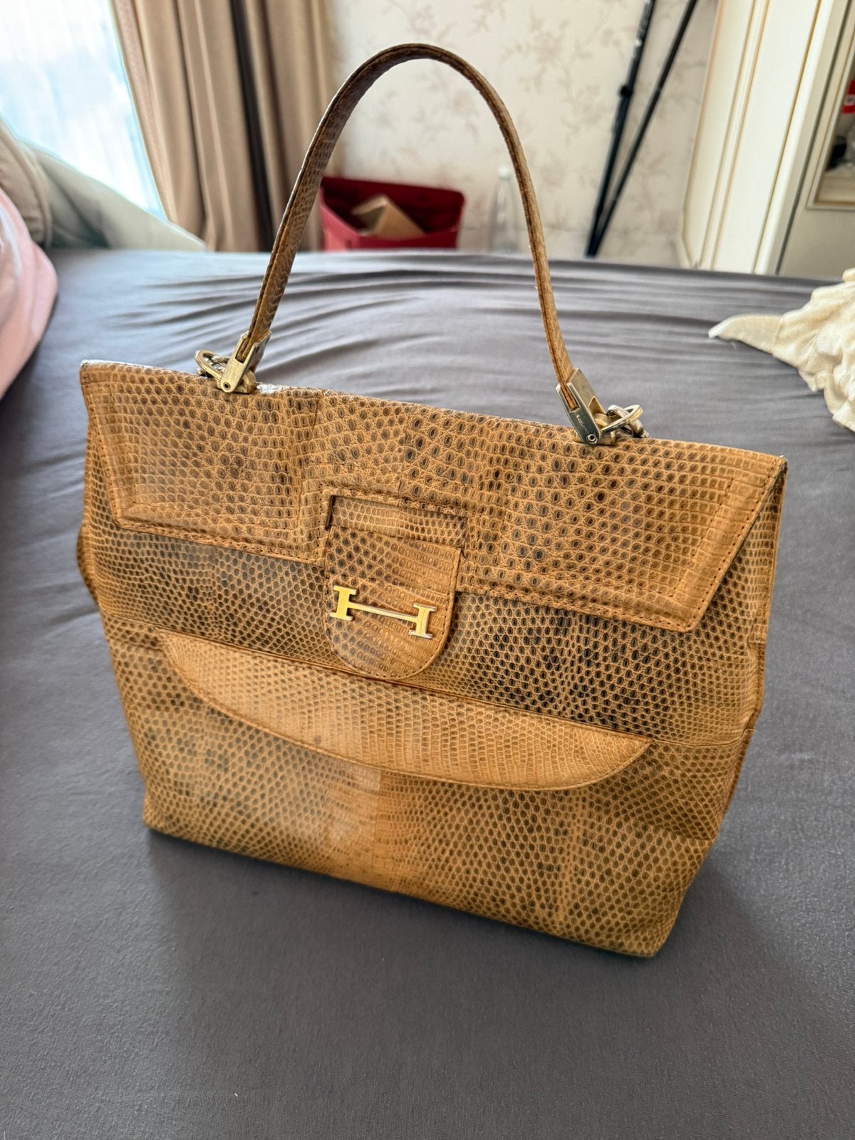 Vintage Handtas in reptiel leer - beige, Ophalen of Verzenden, Gebruikt, Beige, Handtas