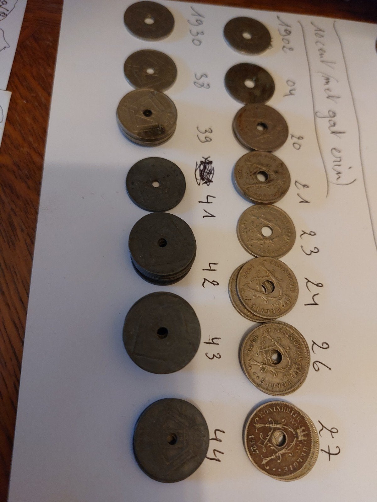 44 belgische munten van 10 cent (met gat erin) 1902 -1944, Ophalen