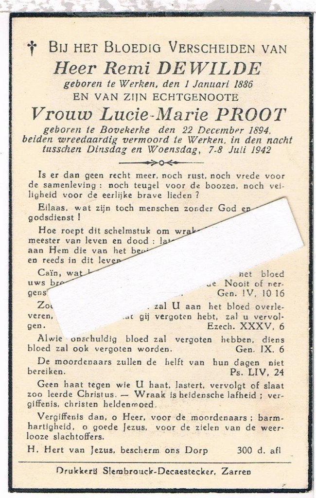 Vermoord. Dewilde R. Werken 1886 - Proot L. Bovekerke 1894, Ophalen of Verzenden, Bidprentje