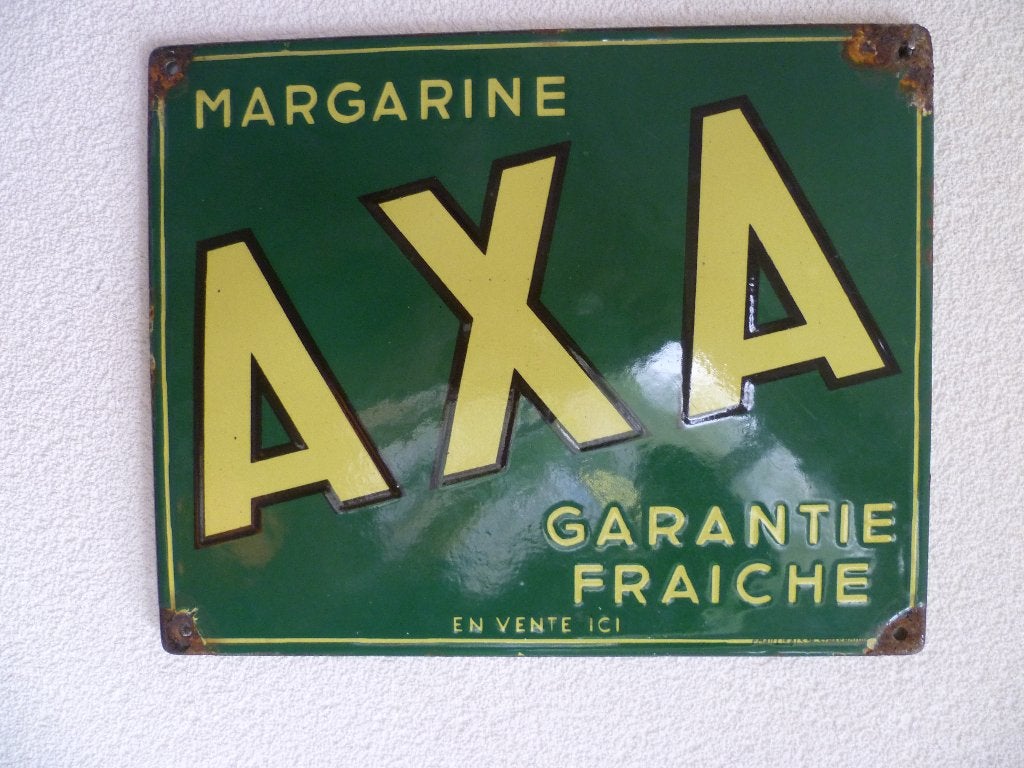 PANNEAU D'AFFICHAGE EN ÉMAIL «AXA MARGARINE» DES ANNÉES 1930, Collections, Enlèvement ou Envoi, Utilisé, Panneau publicitaire